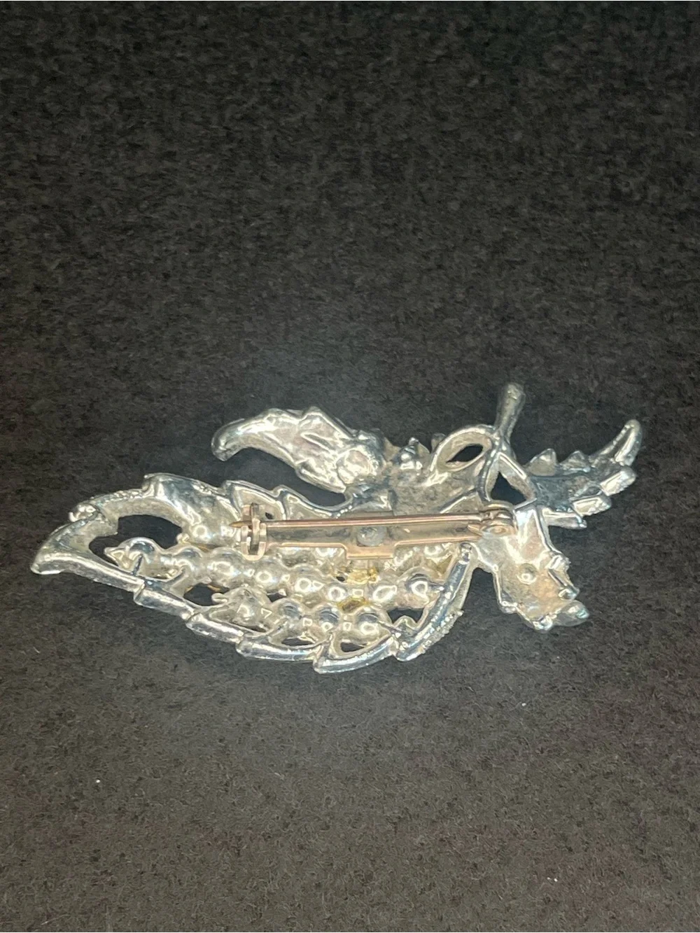 Vintage Rhinestone Floral Spray Brooch Silver Tone